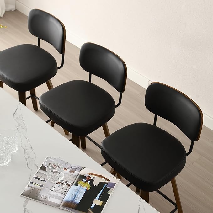 Bekrvio Swivel Counter Height Bar Stools Set of 4, 26" Upholstered Faux Leather Barstools with Back and Bent Wood Legs, Mid Century Modern Bar Chair Island Stool for Kitchen Counter, Black