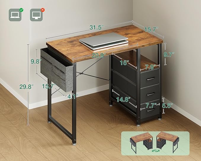 AODK 32 Inch Small Computer Desk with Fabric Drawers, Kids Study Desk for Bedroom, Home Office Desk with Storage Shelf & Bag for Small Space, Vintage