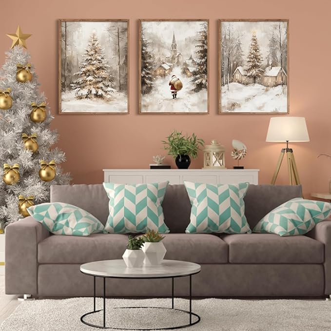 Christmas Wall Art Decor Winter Santa Pictures Vintage Christmas Canvas Poster Snowy Pine Trees Wall Art Xmas Forest Prints Santa Claus Painting Artwork for Bedroom Living Room 12x16x3 Inch Unframed