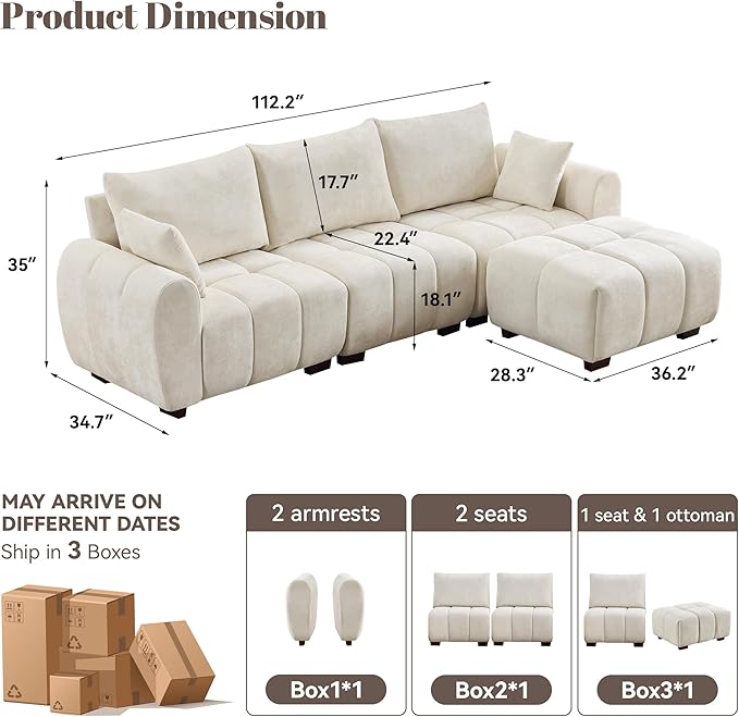 112" Mid Century Modern L Shaped Couch, 3 Seater Modular Sectional Sofa with Movable Ottoman, Deep Seat and Solid Wood Legs, Cloud Couch for Living Room, Chenille Tufted Sofa, Beige