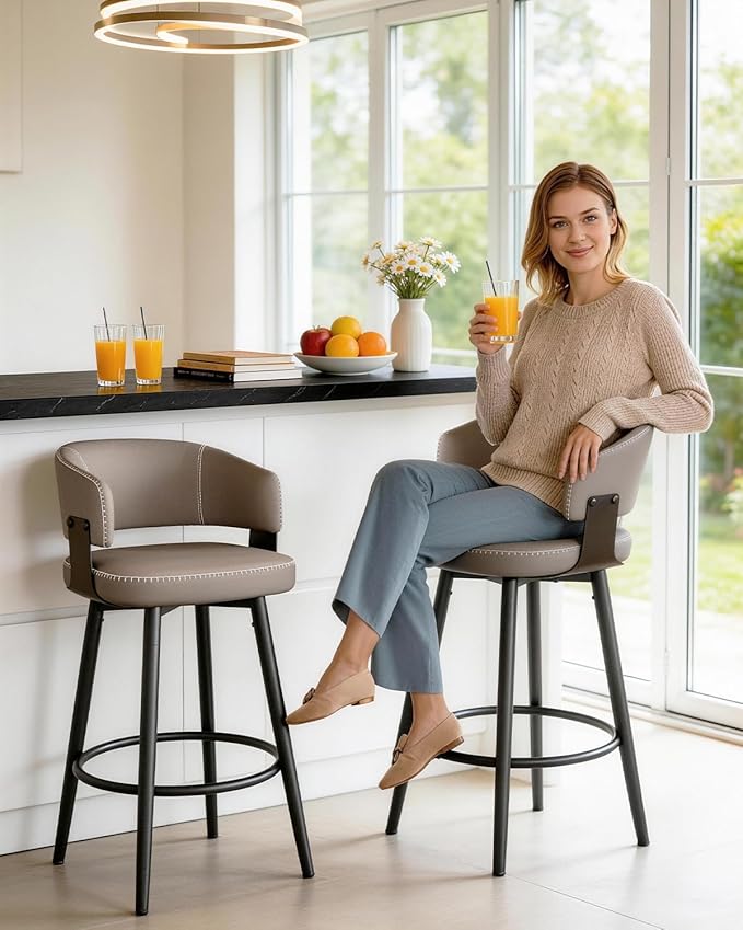 Bar Stools Set of 2, 30" Swivel Bar Height Bar Stools with Curved Back, Mid-Century Modern Faux Leather Bar Chairs with Stitching for Kitchen Island, Dining, Living Room, Matte Gray