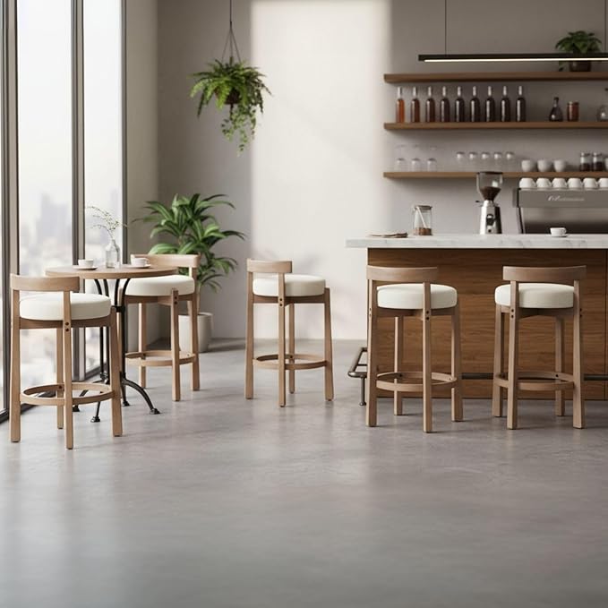 LukeAlon Linen Counter Stools Set of 5, Upholstered 26.5” Seat Height Low Barstools with Natural Wood Legs Round Low Back Kitchen Stools with Footrest for Dining Room Bar Coffee Shop, Beige