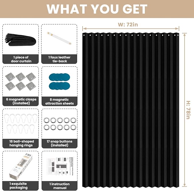Jilron Accordian Door Curtain, 100% Blackout Folding Magnetic Doorway Curtains,Linen Style Closet Doors,for Room Divider,Privacy Protection（W72 x L78,Black,1 Panel）