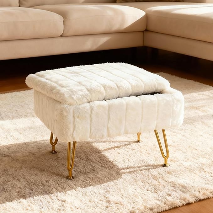 ACEQLYT® Small Foot Stool, Small Ottoman with Storage, White Furry Footstool with Soft Padded Seat & Gold Metal Leg