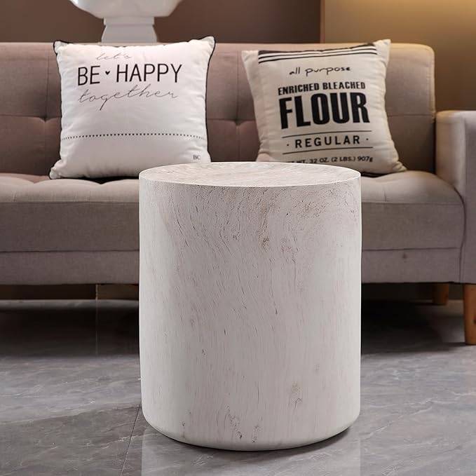 WILLIAMSPACE 15.75" Round End Table in Faux Marble, Modern Circle Drum Stone Side Table Travertine Small Coffee Table for Living Room, Outdoor, Magnesium Oxide, No Need Assembly, Light Beige