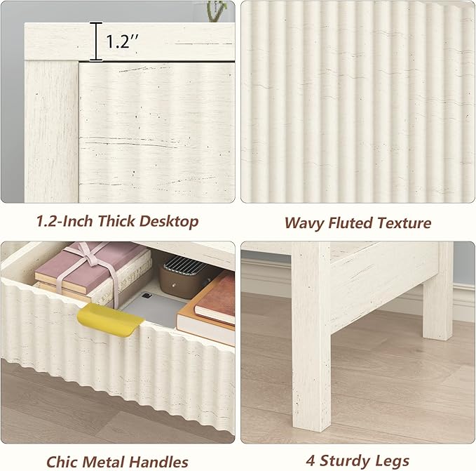 YOMILUVE Fluted Computer Desk with 2 Drawers, 39 Inch Small Computer Desk with Storage, Compact Writing Study Vanity Desk for Small Spaces, Antique White