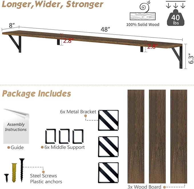 Forbena 48 Inch Floating Shelves for Wall Long Set of 3, Large Wooden Wall Bookshelf for Bedroom Books, Rustic Wood Hanging Bookshelves for Living Room Laundry Closet Kitchen Storage (Dark Brown)