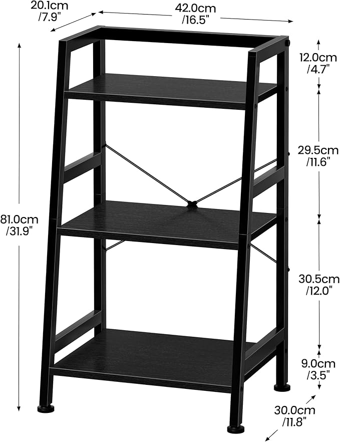 3-Tier Bookshelf, Ladder Shelf, Stand up Shelves, Industrial Bookcase with Steel Frame, Metal Small Bookcase, for Living Room, Home Office, Kitchen, Bedroom, Industrial Style（Black）