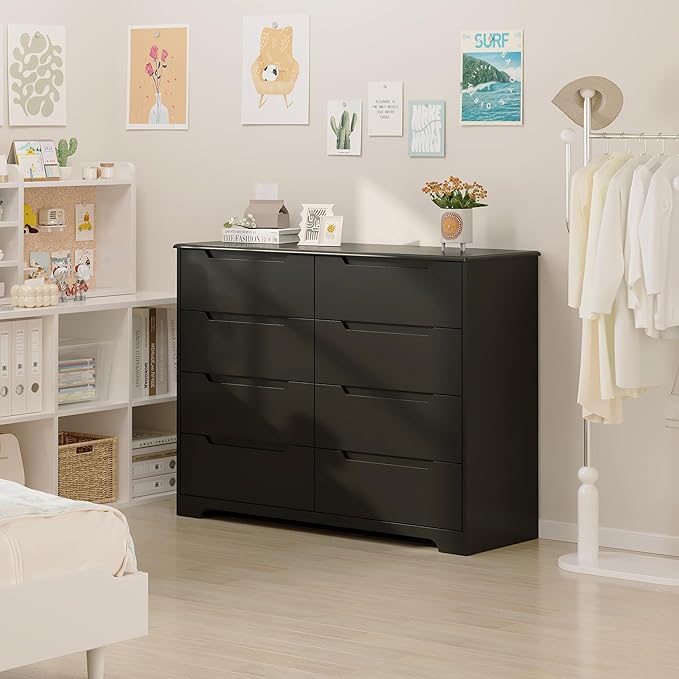 Gizoon 8 Drawer Dresser, 47" Wide Black Dresser for Bedroom with Cut-Out Handles, Modern Wooden Chest of Drawers with Anti-Tip Kit, for Living Room, Hallway, Entryway, Home Office
