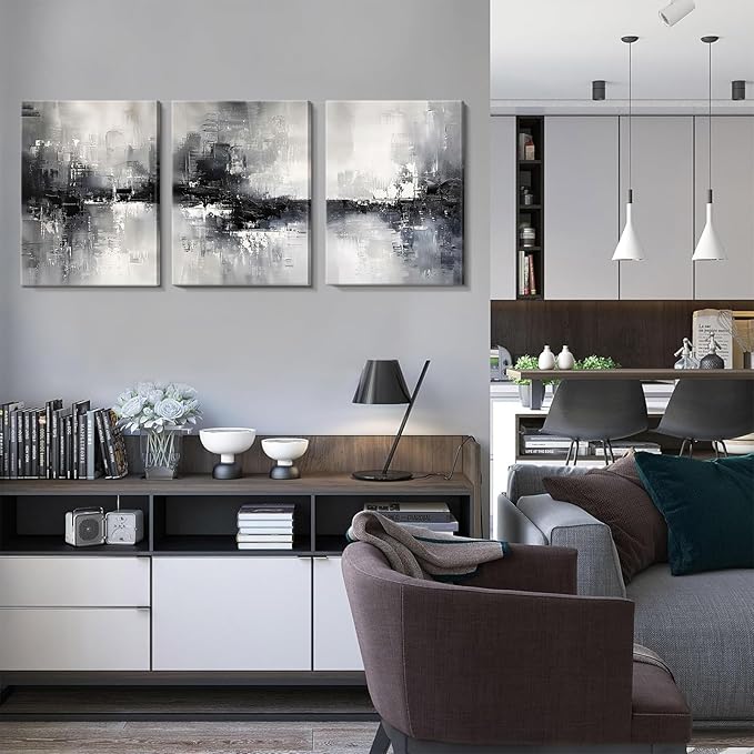 Dytila 3 Piece Large Black And White Abstract Canvas Wall Art for Living Room, Black And Grey Wall Decor, Modern Minimalist Art Print Pictures, Home Artwork - Dining Room Office Framed 16x24 Inch