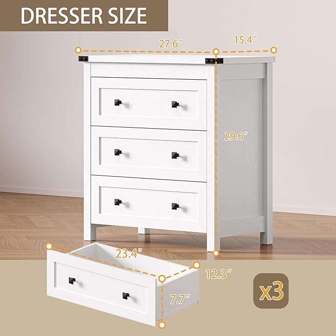 BORNOON 3-Drawer Dresser, Small Wooden Chest of Drawers with Metal Knobs, Water-Resistant Top, Storage Organizer with Anti-Tip Kit for Bedroom, Nursery, Living Room