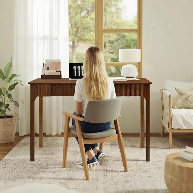 39.4'' Solid Wood Desk with 2 Drawers, Mid Century Modern Home Writing Office Small Wooden Desk ,Vintage Computer Table with Storage for Living Room, Bedroom, Fluted Design Walnut(Walnut, 39.4 Inch)