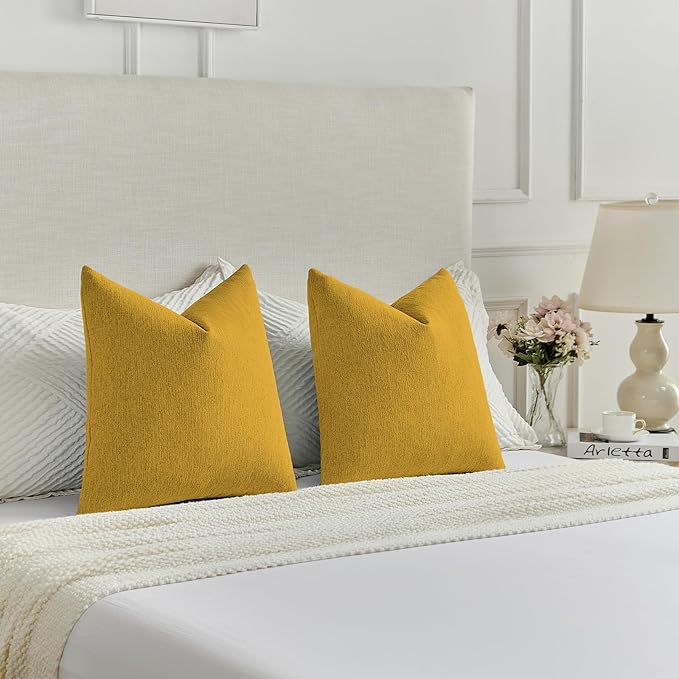 FUTEI Mustard Yellow Chenille Decorative Throw Pillow Covers 18x18 Inch Set of 2,Soft Cozy Faux Linen Textured Cushion Case,Farmhouse Home Decor for Couch Living Room