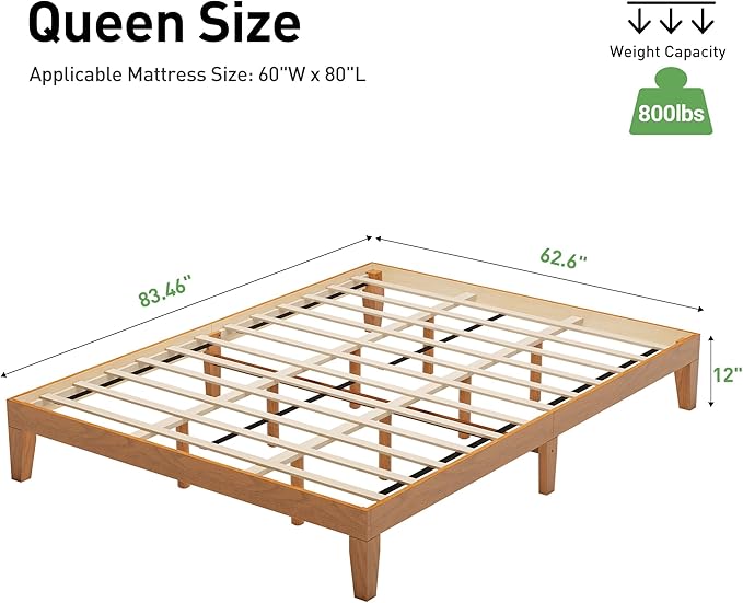 COLAMY 12 Inch Wood Platform Bed Frame，Sturdy Queen Size Bed Frame with Wood Slat Support, No Box Spring Needed, Easy Assembly, Rustic Pine