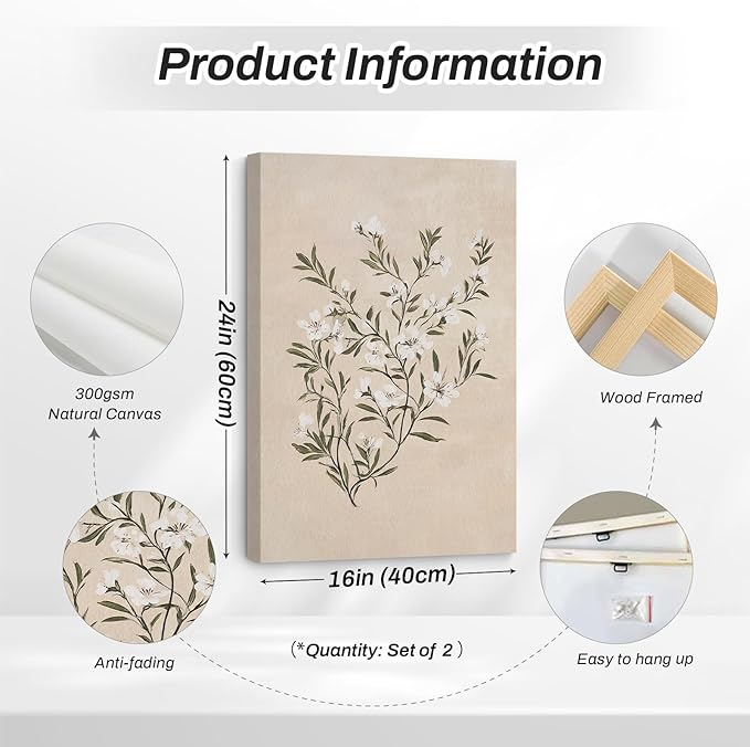 Vintage Botanical Wall Art Neutral Floral Prints Farmhouse Flower Canvas Wall Decor Watercolor Wildflower Pictures Nature Minimalist Artwork for Living Room Bedroom 16x24 Inch Wrapped Canvas Set of 2