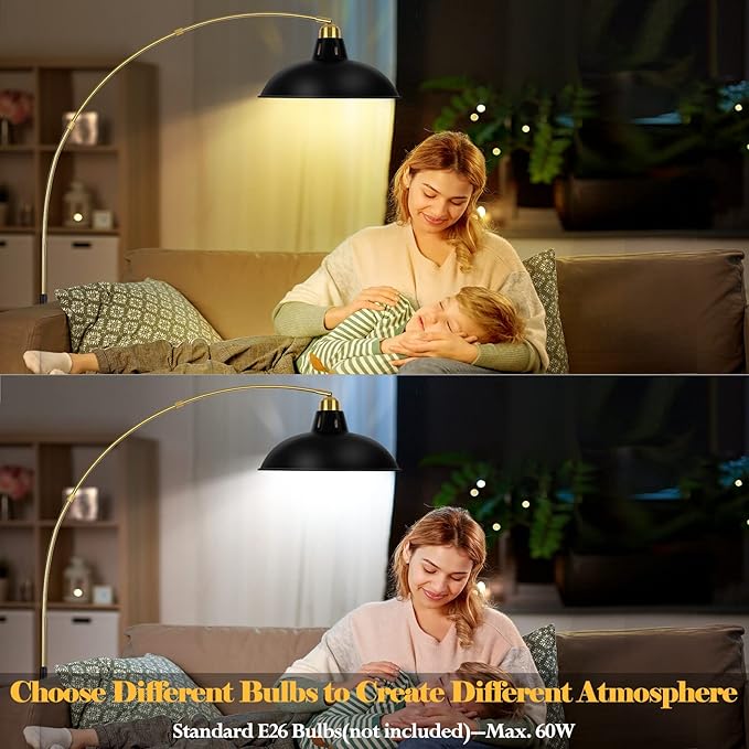 FILIYANO Arc Floor Lamp for Living Room, Marble Base Standing Lamp - Black Gold Floor Lamps with 360° Rotatable Arm, Industrial Tall Lamp Metal Material, Reading Lamp for Bedroom Couch Sofa Desk