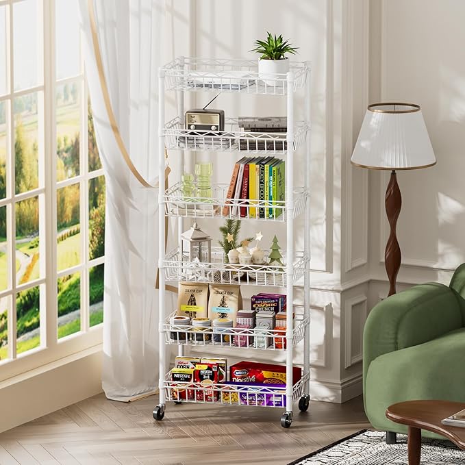 SINGAYE 6 Tier Basket Shelf Wire Shelving Unit Adjustable Storage Shelves Big Basket Rack for Garage Kitchen Office Pantry Corner 17" Dx12 Wx63 H White