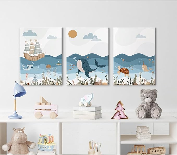 Ocean Nursery Wall Art Pictures Blue Nautical Canvas Art Beach Animal Wall Decor Baby Boys Room Wall Art Sea Whale Prints Ocean Nautical Poster for Nursery Baby Room 12x16 Inch Set of 3 Framed