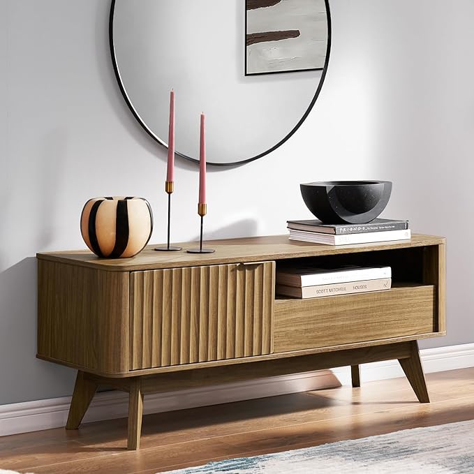 mopio Brooklyn Mid-Century Modern TV Stand, for TVs up to 50” / 59" Waveform Panel, Sleek Curved Profile with Adjustable Shelf and Sturdy Box Frame Leg (Natural Walnut, 47")