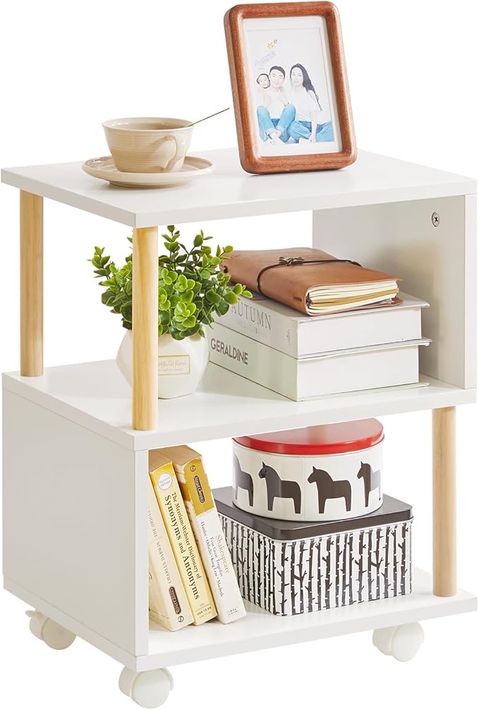 Aibiju Wooden Night Stand with Open Shelf, Nightstand with Wheels, S-Shaped Bed Side Table 3 Tier, 20 inch High End Table White YD-TM155W