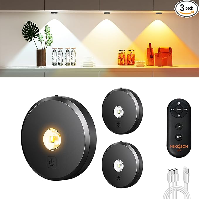 Puck Lights with Remote Control Rechargeable,Wireless Under Cabinet Lighting,2000mAh Battery Operated Tap Push Touch Lights,Stick On Lights for Counter,Shelf,Bookcase (Dark Grey, 3 Pcs)