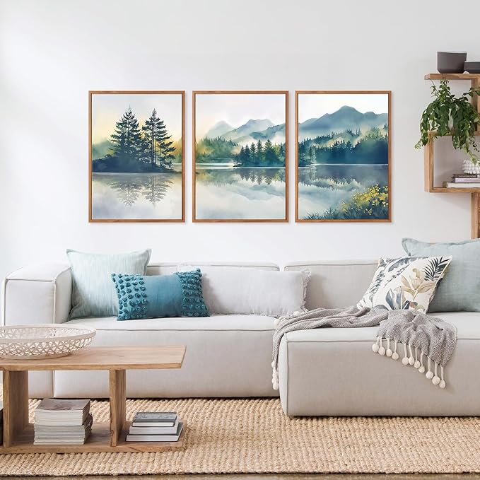 HPNIUB Green Mountain Framed Canvas Wall Art Set, (12X16 Inch) Nature Foggy Forest Lake Reflection Wall Decor,Modern Pine Tree Artwork,Watercolor Landscape Art Print for Living Room,Bedroom,Office