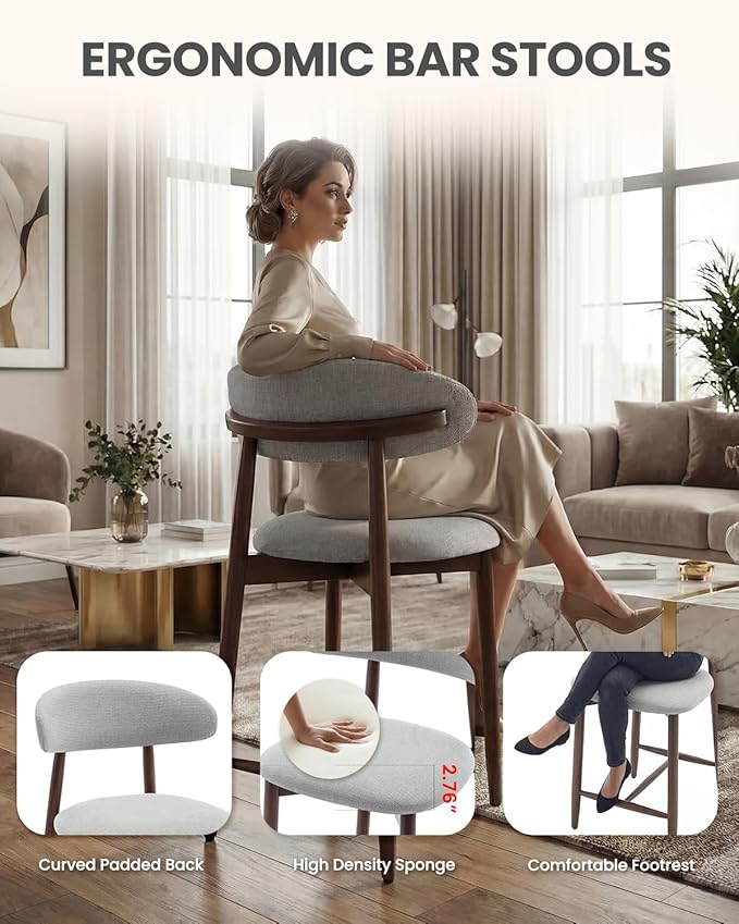 Bar Stools Set of 4, 25.6″ Counter Height Bar Stools with Wood Legs, Upholstered Modern Kitchen Barstools for Kitchen Island Dining Room Bar, Light Grey