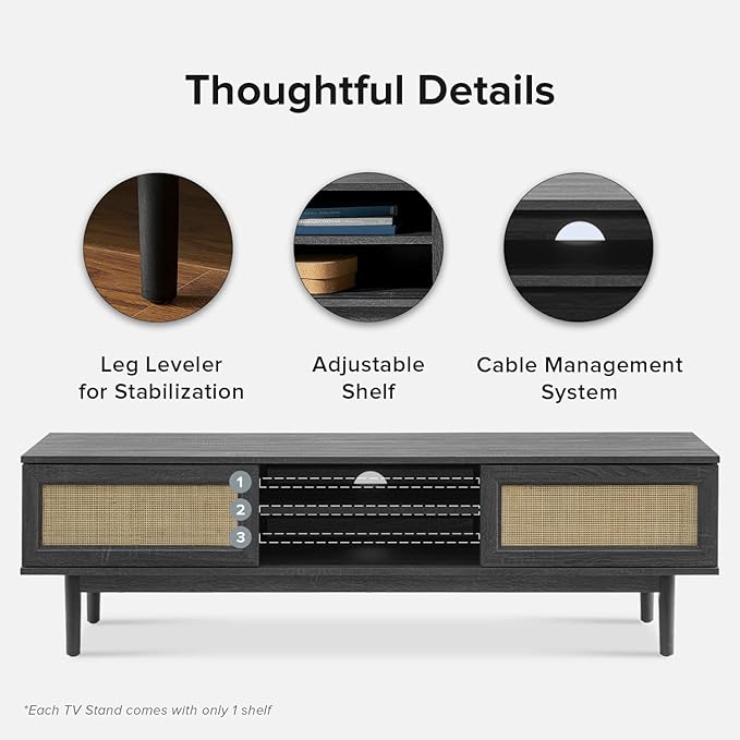 mopio Haylee TV Stand, Modern Farmhouse Television Stand for 55/60/65 inch TV, Natural Rattan Boho Entertainment Center with Storage, Media Console Credenza Table for Living Room, Bedroom (Black 59")
