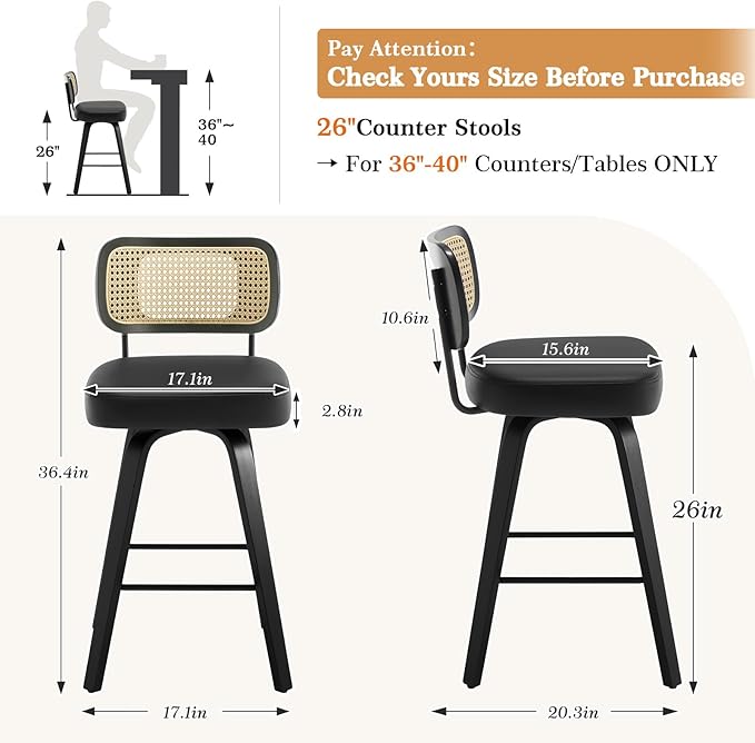 Bekrvio Swivel Counter Height Bar Stools Set of 4, Upholstered Faux Leather Barstools with Rattan Back, 26" Seat Height Bar Chairs Island Stools for Kitchen Counter, Black Wood Frame, Black