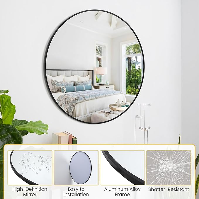 24 Inch Black Round Wall Mirror, Modern Metal Frame for Bathroom, Living Room, Bedroom Decor