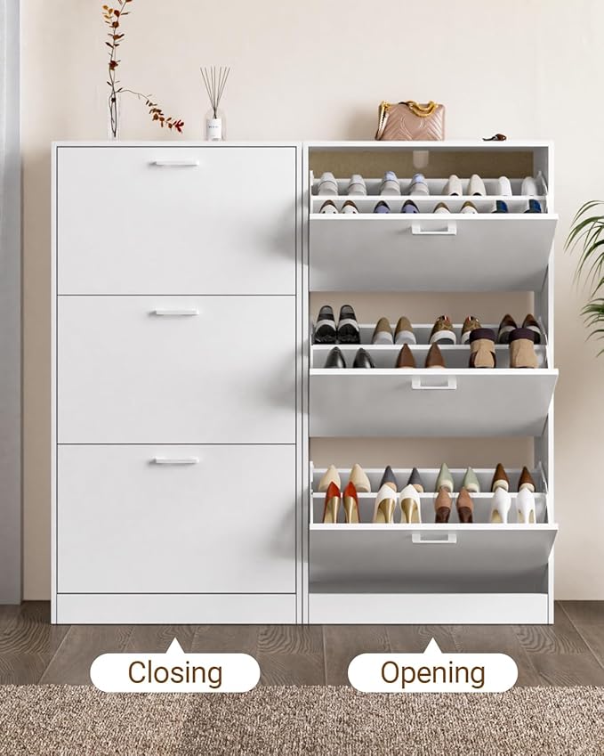 Shoe Cabinet with 3 Flip Drawers, Hidden Slim Freestanding Shoe Storage Cabinet, Narrow Freestanding Shoe Organizer for Entryway,Hallway, Living Room, White