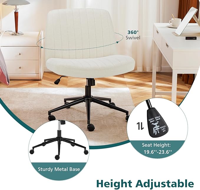 OLIXIS Criss Cross Chair with Wheels Wide Cross Legged Office Desk Vanity Chair Comfy Fabric Armless Adjustable Swivel for Home Computer Task Fabric Beige