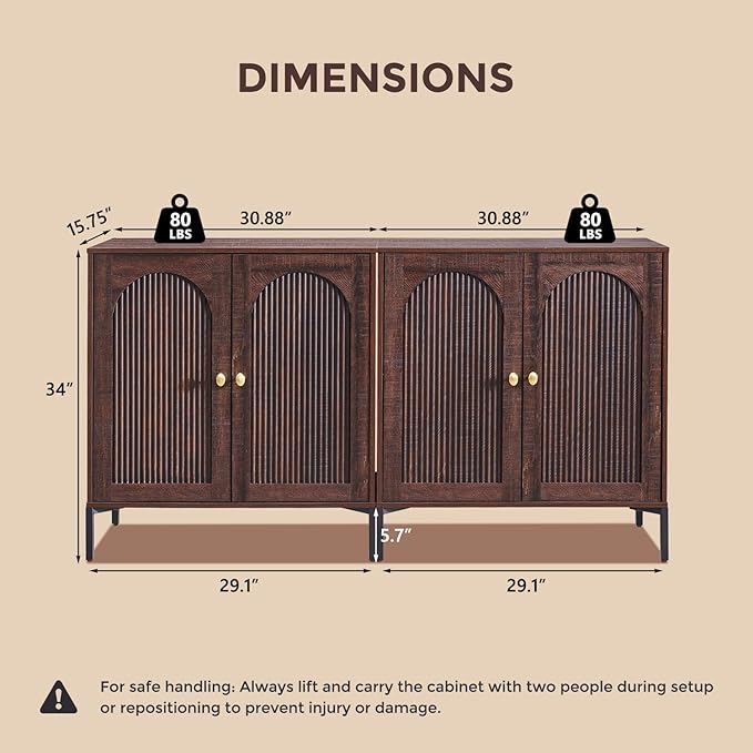 IFGET Modern Buffet Cabinet with Storage, 61.75" W Fluted Arched Sideboard Cabinet w/Adjustable Shelves, Wooden Modular Coffee Bar for Dining Room, Kitchen, Living Room, Entryway, Brown