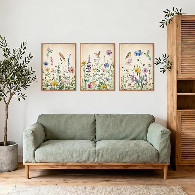 HPNIUB Vintage Wildflower Birds Framed Canvas Wall Art Set, Modern Nature Botanical Wall Decor, Colorful Floral Art Prints Spring Artwork for Living Room Dining Room Bedroom(Set of 3,12X16 Inch)