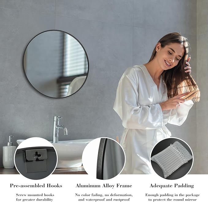 NEWBULIG 20 Inch Round Wall Mirror, Bathroom Mirror for Over Sink, Matte Metal Framed Circle Vanity Mirror, Wall Decor for Bedroom, Anti-Rust, Tempered Glass, Hanging or Leaning, Classic Black
