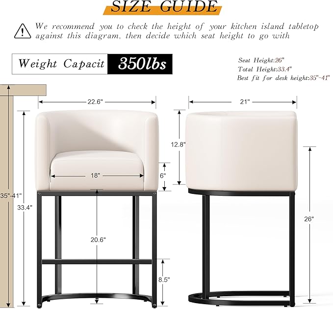 Modern Counter Height Bar Stools,Bar Stools Set of 3,PU Leather Upholstered Barrel Barstools with Backs,26'' Kitchen Island Chairs,Metal Black Frames,Beige White Leather