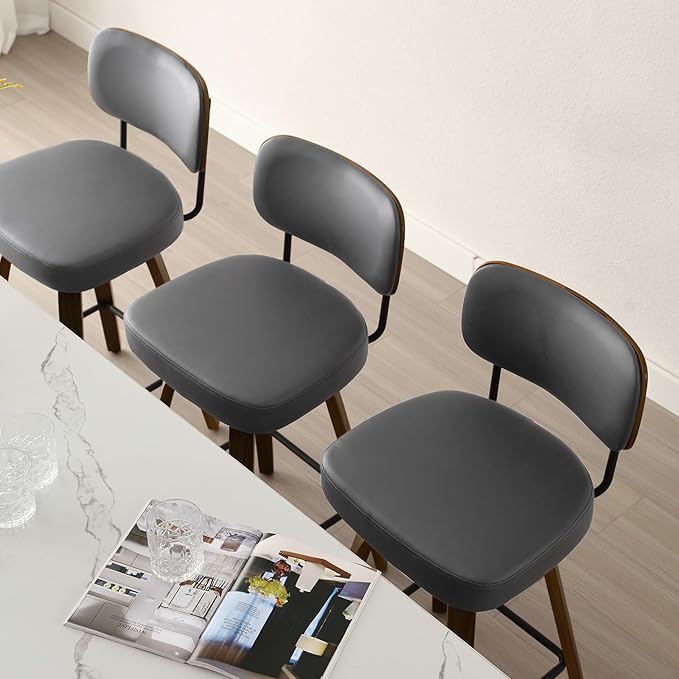 Bekrvio Swivel Bar Stools Set of 4, 29" Upholstered Faux Leather Barstools with Back and Bent Wood Legs, Mid Century Modern Bar Chair Island Stool for Kitchen Counter, Grey