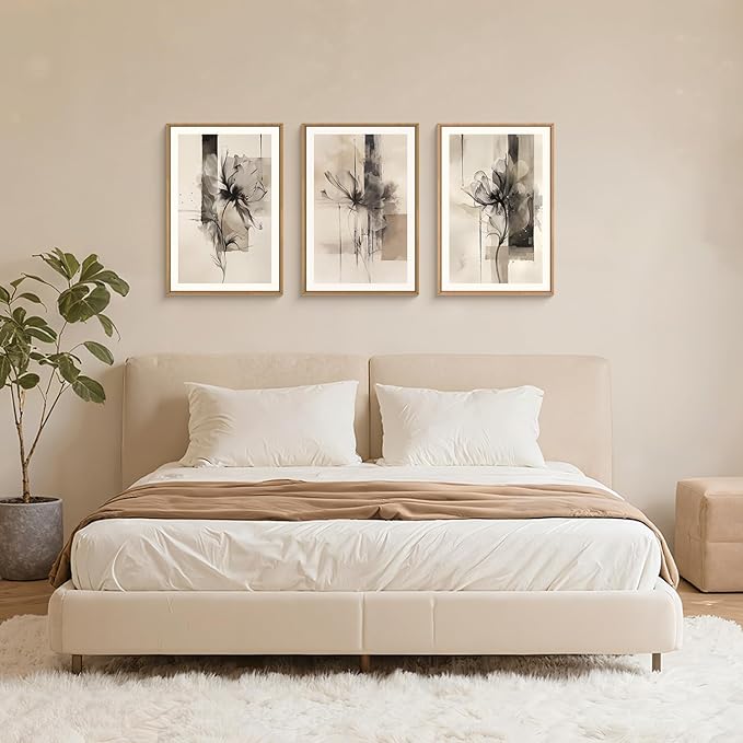 FWIEXA Large Black Beige Floral Canvas Wall Art Set 3, Neutral Abstract Florals Framed Prints, Brushstroke Geometry Line Paintings, 24x36In Watercolor Ink Artwork Poster for Farmhouse, Living Room, Bedroom, Office