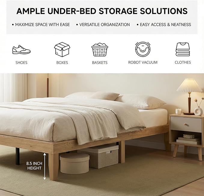 Bed Frame Queen Size, Wood Platform Bed Frame with Solid Wood Slats & Legs, Noise-Free, No Box Spring Needed, Easy Assembly, Minimalist Japandi Style