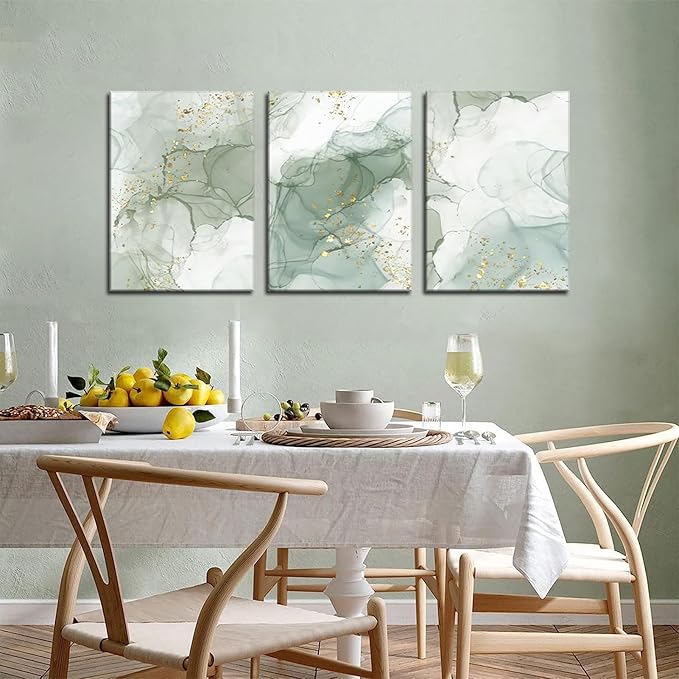 Sage Green Canvas Wall Art Set of 3 Abstract Green Gold Marble Line Wall Decor Pictures Neutral Modern Minimalist Posters Prints for Living Room Bedroom Home Decoration 12x16in