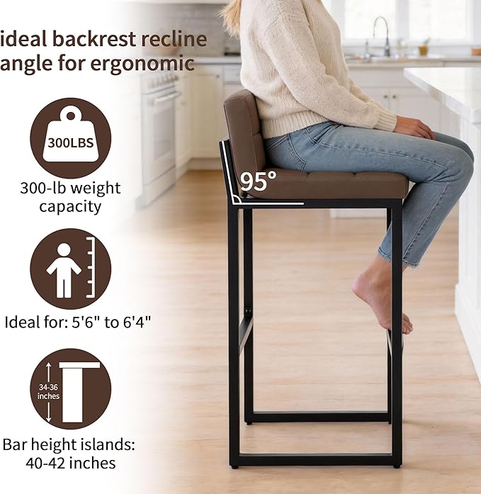 FIRAVOE Set of 2 Barstools, Counter Height Bar Stools with Back, Faux Leather, Thickened Metal Legs, 30-inch Island Chairs for Kitchen Island, Bar, Counter (Coffee Brown, 2Pcs 30" Bar Stools)