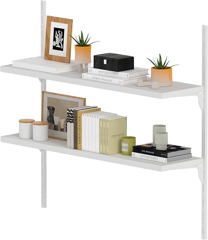 8" Deep ×32″ Long Adjustable Deep Floating Shelves for Wall 2‑Tier, Wall Mount Metal Shelf 110 LBS, Heavy Duty White Storage Rack for Garage, Kitchen, Bathroom, Bedroom, Wall Shelving Decor