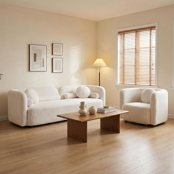 Curved Sofa Set for Living Room, 3-Seater Upholstered Boucle Fabric Modern Sofa Set of 2 Piece Couch Set Rectangular Sofa with Oversized Single Sofa Chair Modern Sofa Set Home Bedroom Office White