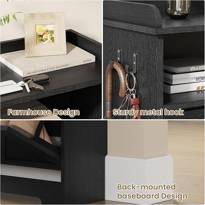 Shoe Cabinet Organizer with 2 Flip Drawers, Farmhouse Narrow Shoe Cabinet with 2 Adjustable Shelves & 2 Hooks, Shoe cabinet storage for entryway, Foyer, Hallway, Black, 31.5"W x 8.7"D x 41.7"H