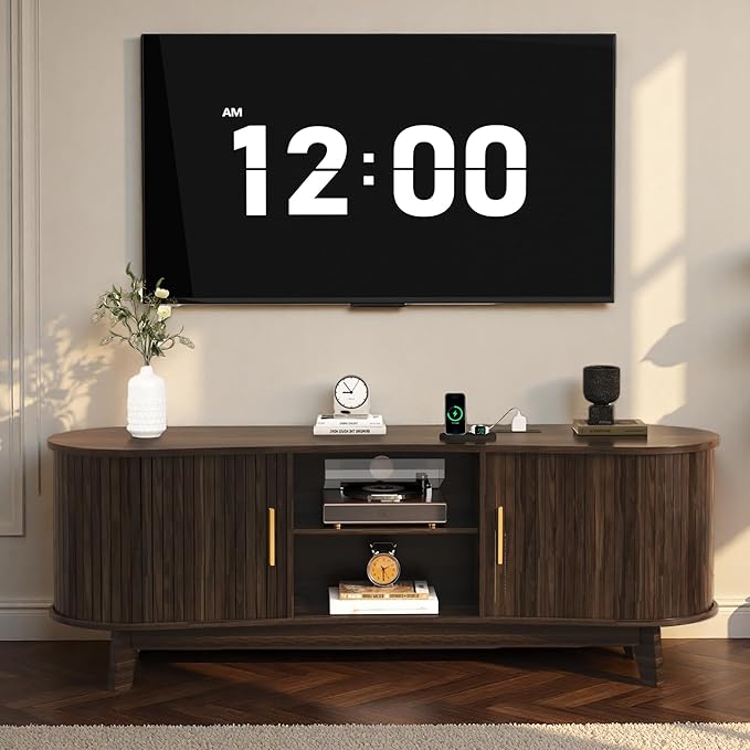 Mid Century Modern TV Stand, Fluted TV Stands with Open Shelves and Sliding Door for 65 Inch TVs, Media Cabinet with Power Outlet, Entertainment Center with Storage for Living Room, Walnut