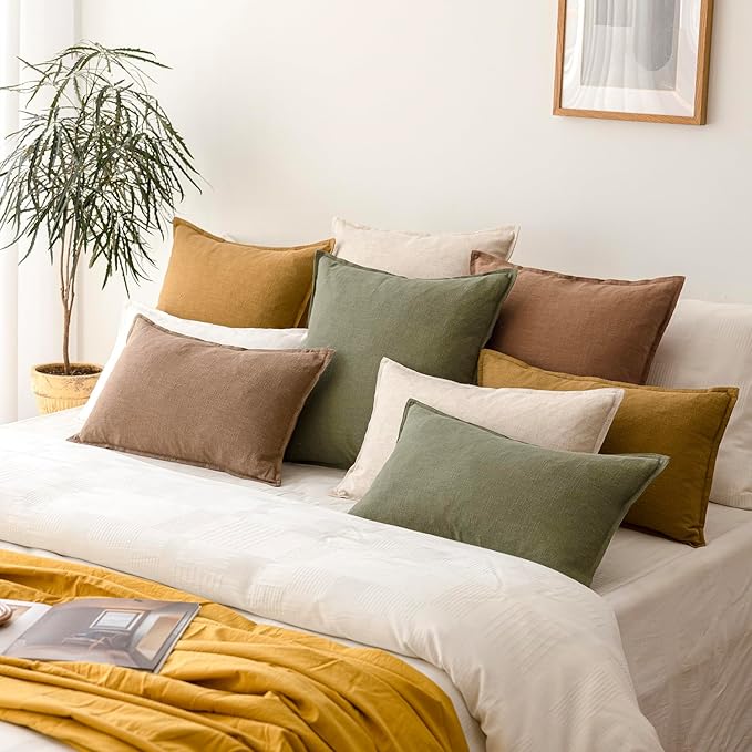 Foindtower Pack of 2, Decorative Linen Soild Throw Pillow Covers Soft Accent Cushion Case Farmhouse Neutral Pillowcase for Chair Couch Sofa Bedroom Living Room Home Decor 16x16 Inch Olive Branch Green
