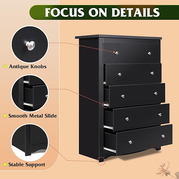WLIVE Wooden Dresser with 5 Drawers, 45" Tall Black Dresser for Bedroom, Chest of Drawers, Storage Cabinet and Organizer Drawers for Living Room, Hallway, Closet