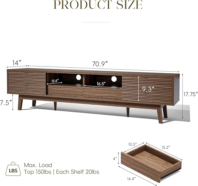 MU 70 Inch TV Stand for TVs up to 80 Inch, Mid Century Modern TV Console with Fluted Sliding Doors, Shelves & Drawers, Low Profile Entertainment Center for Living Room (Walnut, 70")