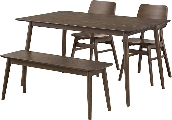 Alaterre Furniture Calais Dining – 4 Piece Dining Table Set for 4 with Chairs and Bench – Mid Century Modern 59-Inch Solid Wood Kitchen & Dining Room Table with Bench, and 2 Chairs (Walnut Finish)