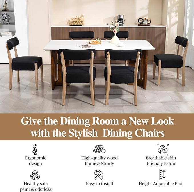 ZJhome Dining Chairs Set of 4, Mid-Century Modern Wooden Kitchen Chairs with Linen Upholstery - Low-Back Woven Design for Kitchen & Dining Room,Black Fabric